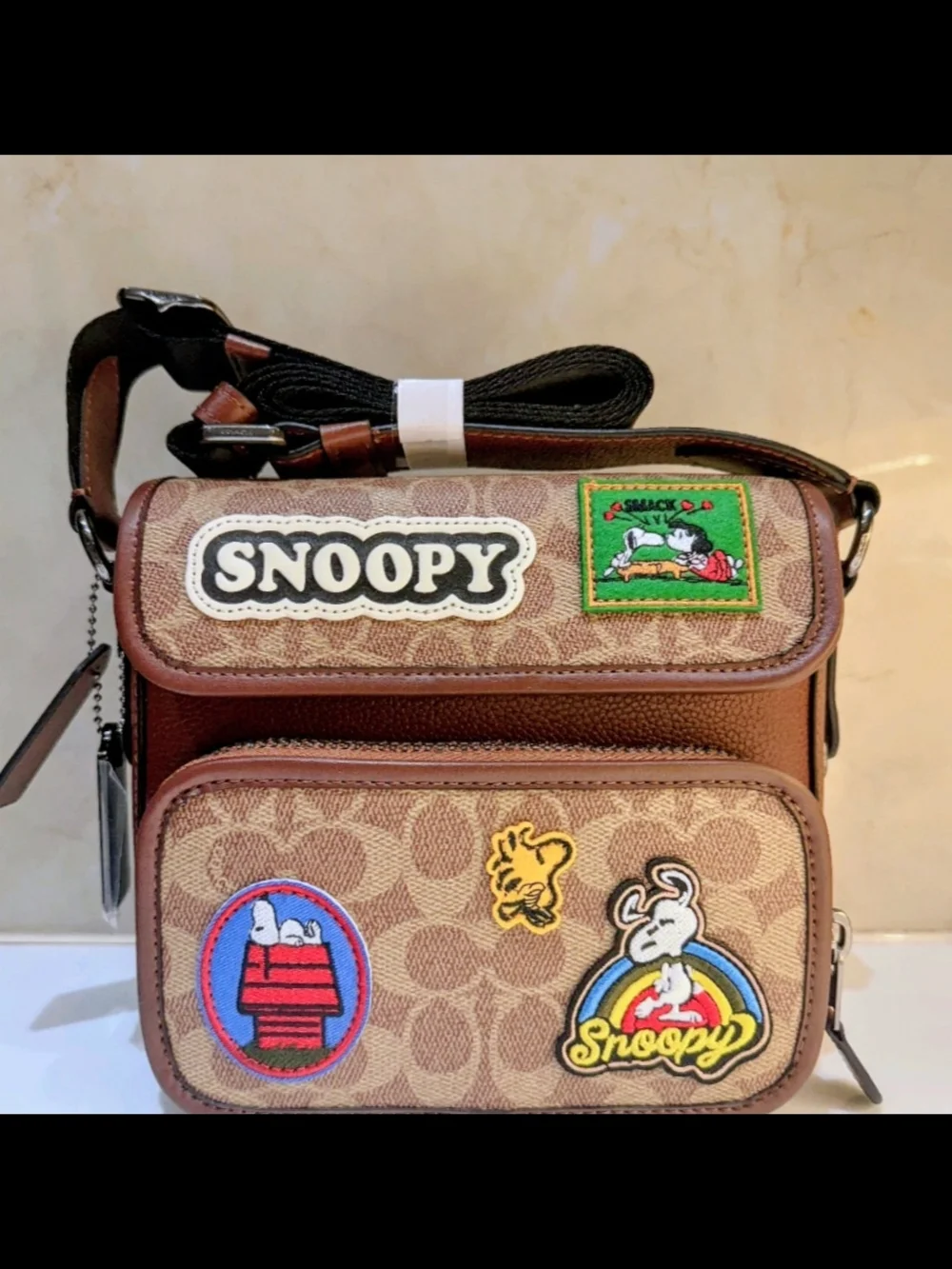 Coach Brown Signature Snoopy Patch Messenger Bag